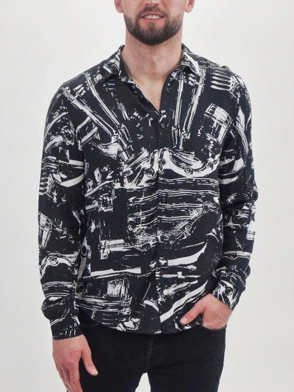 Ksubi Black And White Abstract Print Button Up Shirt/3663